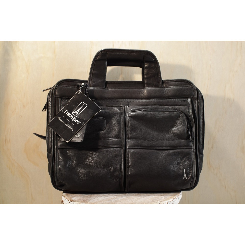Travelpro Business Collection VIP Black Leather Briefcase Laptop Bag New